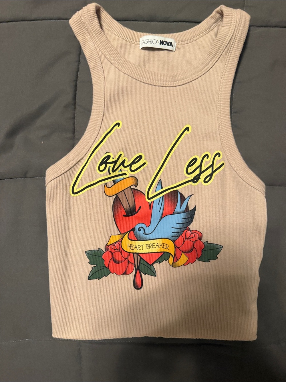 Fashion Nova  Tan 'Love Less' Graphic Ribbed Tank